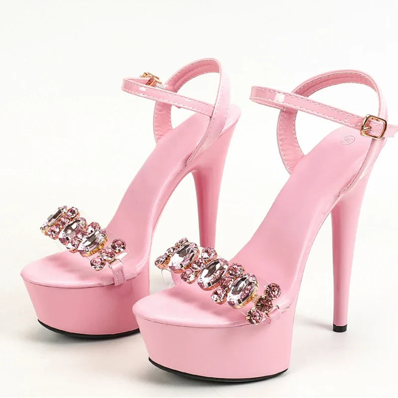 Stylish High Quality Diamond Chain Open Toe Super High Heel High Heel