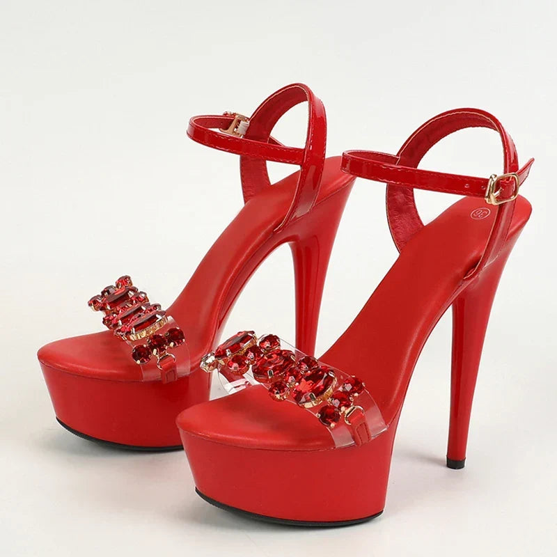 Stylish High Quality Diamond Chain Open Toe Super High Heel High Heel