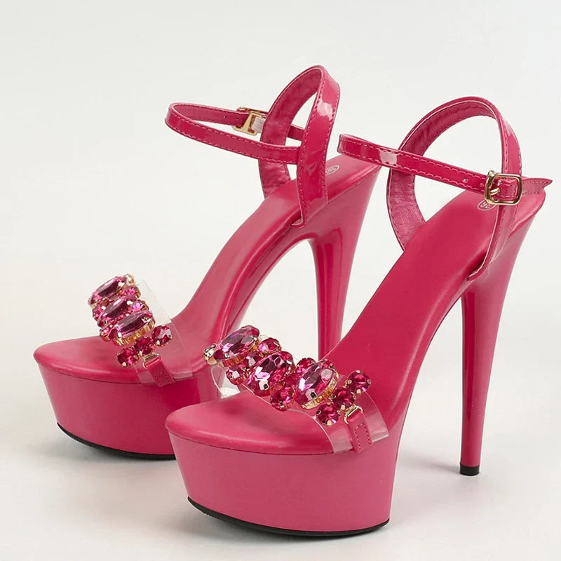 Stylish High Quality Diamond Chain Open Toe Super High Heel High Heel