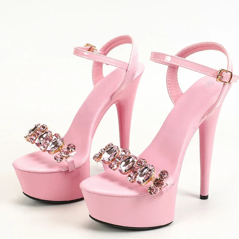 Stylish High Quality Diamond Chain Open Toe Super High Heel High Heel
