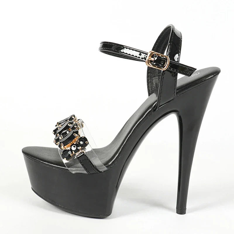 Stylish High Quality Diamond Chain Open Toe Super High Heel High Heel