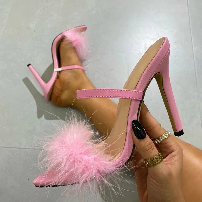 New Design Pink Fluffy Feather High Heel Mules High Heel
