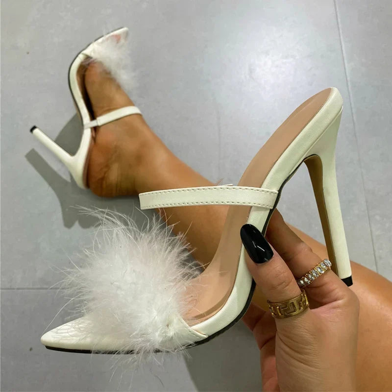New Design Pink Fluffy Feather High Heel Mules High Heel