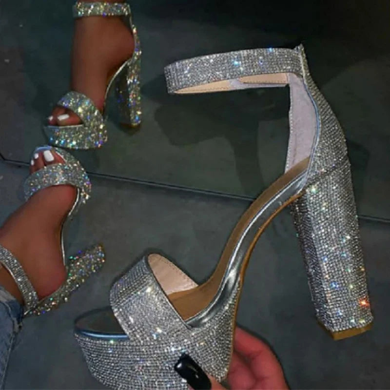 Stylish Silver Rhinestone Platform Open Toe High Heel High Heel