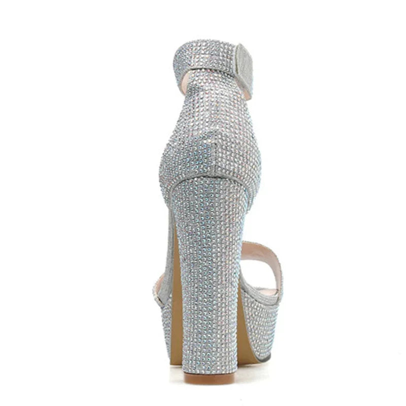 Stylish Silver Rhinestone Platform Open Toe High Heel High Heel