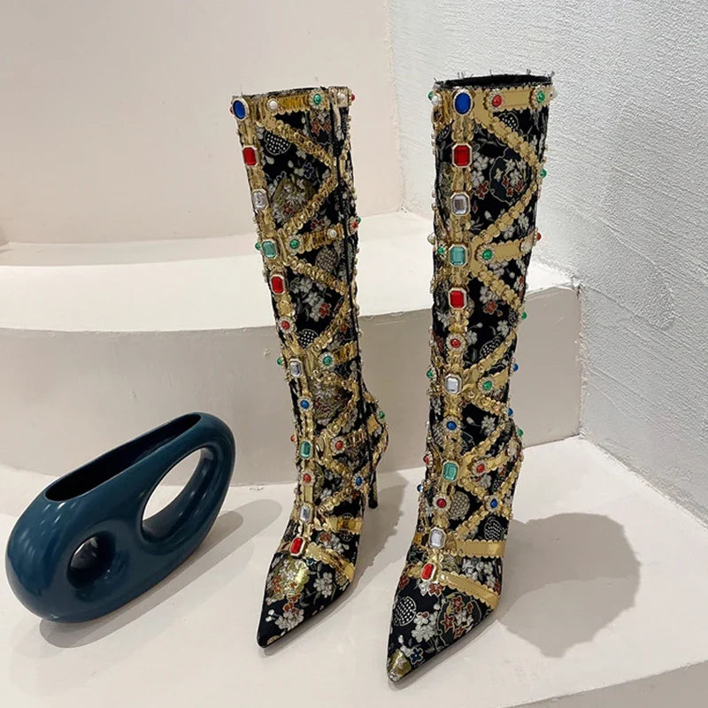 Runway Color Gem Knee High Handwork Pointed Toe High Heel
