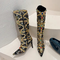 Runway Color Gem Knee High Handwork Pointed Toe High Heel