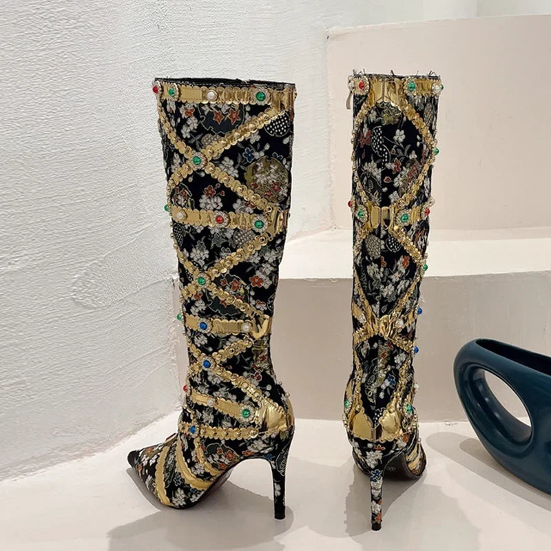 Runway Color Gem Knee High Handwork Pointed Toe High Heel