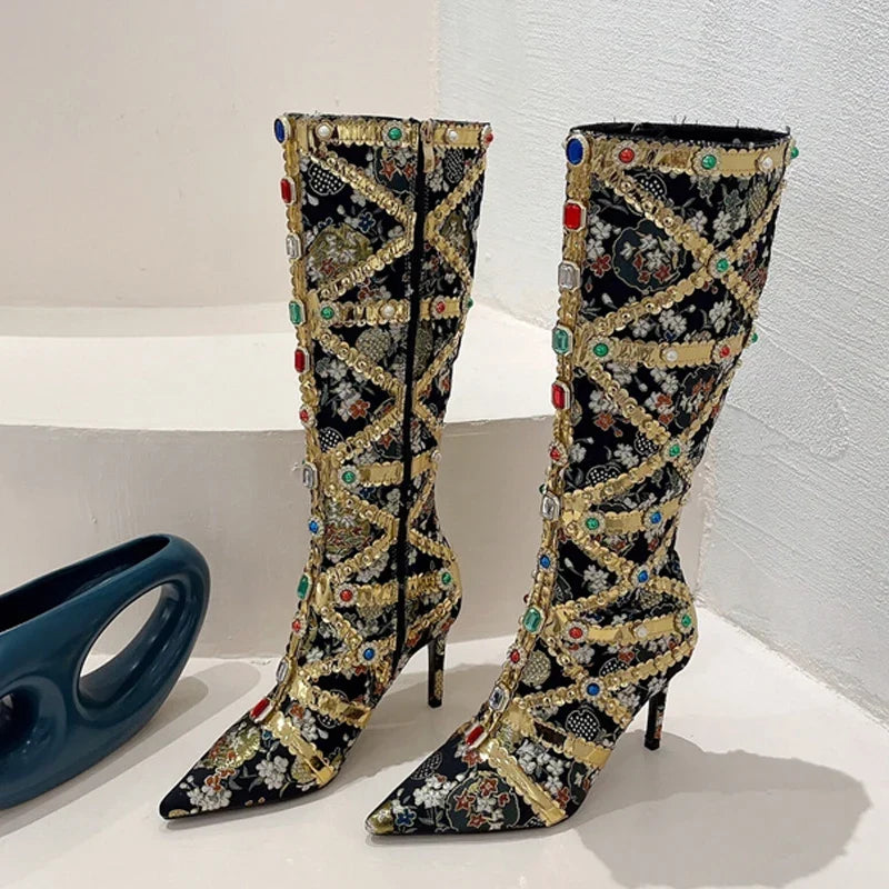 Runway Color Gem Knee High Handwork Pointed Toe High Heel