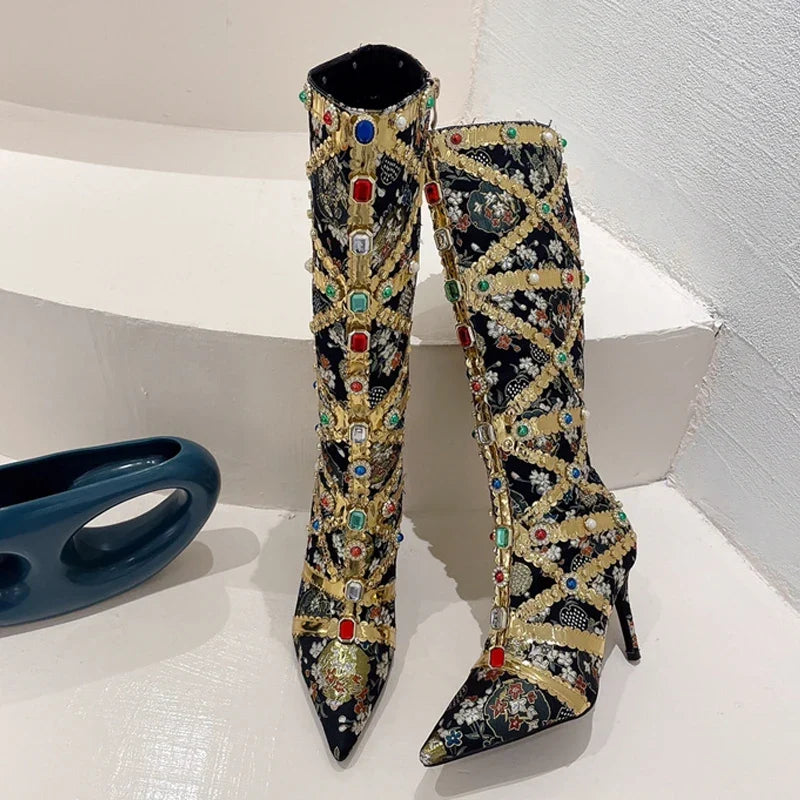 Runway Color Gem Knee High Handwork Pointed Toe High Heel
