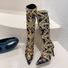 Runway Color Gem Knee High Handwork Pointed Toe High Heel