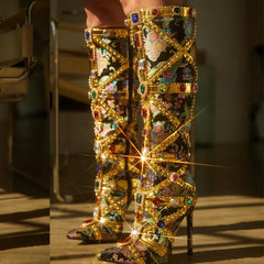 Runway Color Gem Knee High Handwork Pointed Toe High Heel