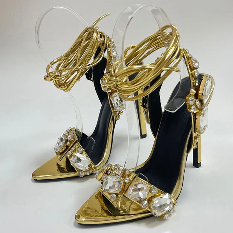 Ankle Strap Golded High Quality Crystal Diamond Wedding High Heel