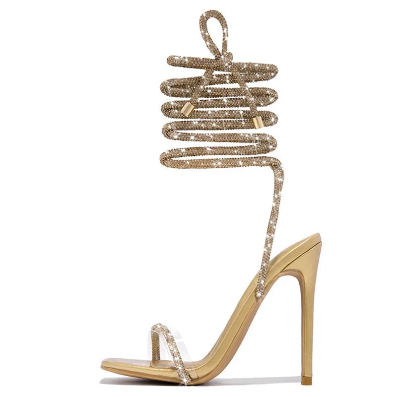 Gold Crystal Ankle Cross Strap Party High Heel