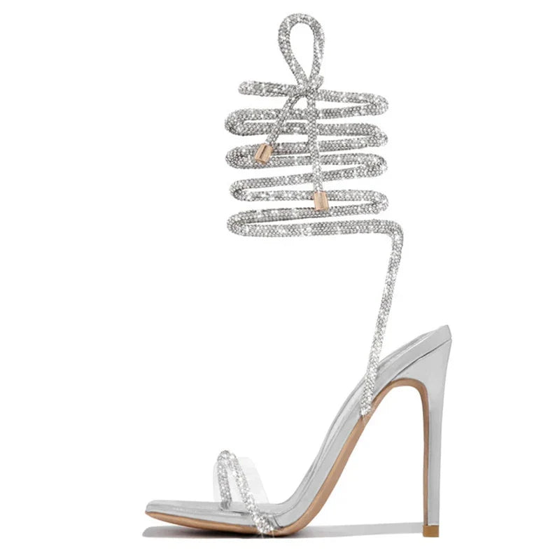 Gold Crystal Ankle Cross Strap Party High Heel