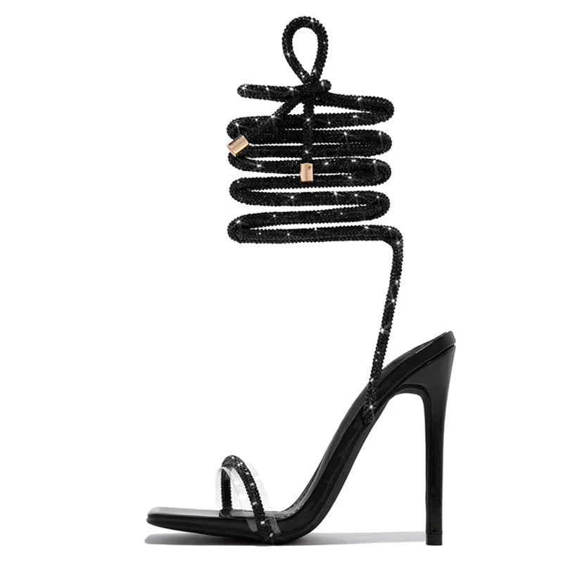 Gold Crystal Ankle Cross Strap Party High Heel