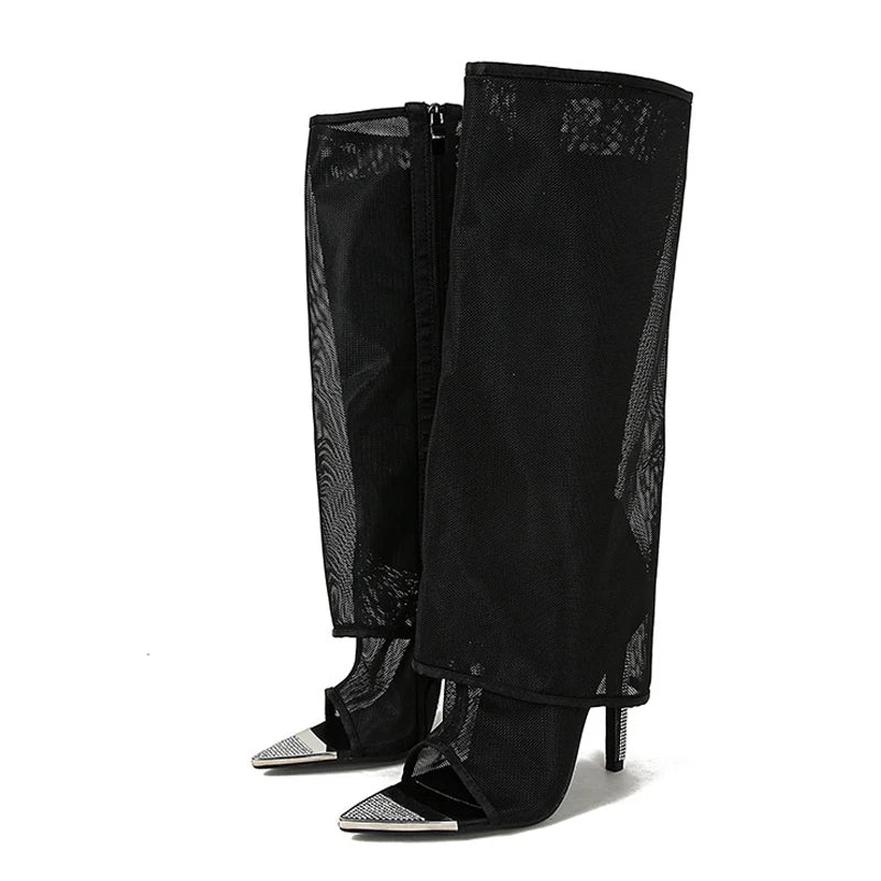 Metal Pointed Toe Black Mesh Knee High High Heel