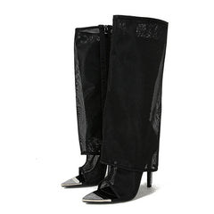Metal Pointed Toe Black Mesh Knee High High Heel