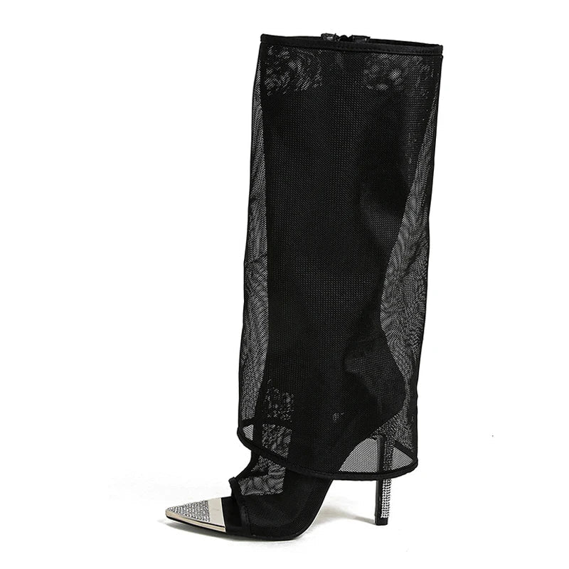 Metal Pointed Toe Black Mesh Knee High High Heel