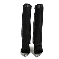 Metal Pointed Toe Black Mesh Knee High High Heel