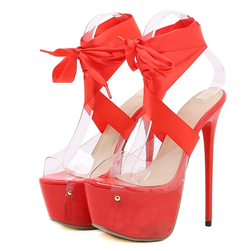 Red Thigh High Lace-Up Transparent High Heel Nightclub High Heel