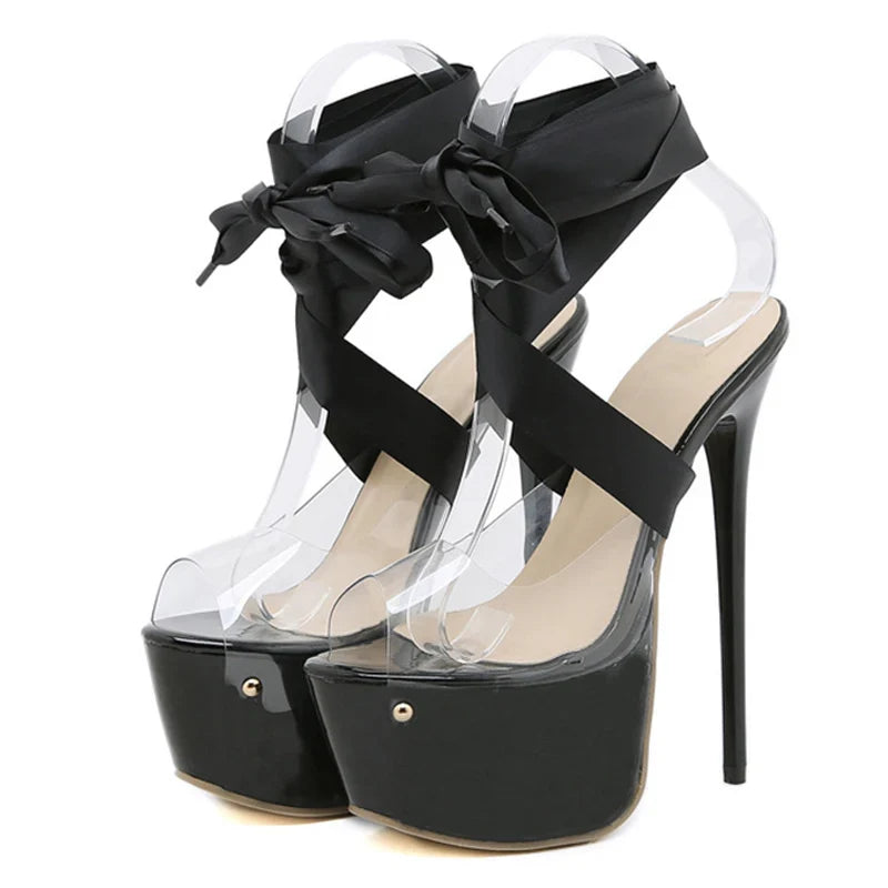 Red Thigh High Lace-Up Transparent High Heel Nightclub High Heel