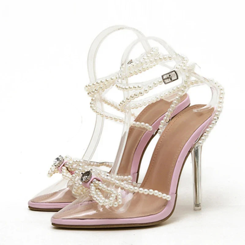 White String Bead Transparent Butterfly-Knot Pointed Toe High Heel