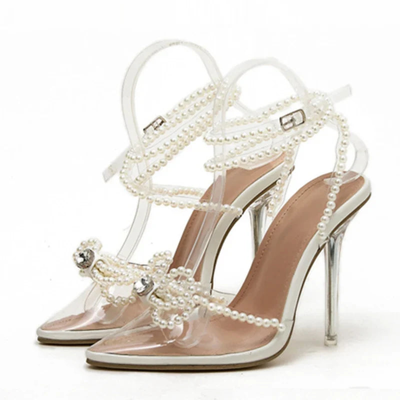 White String Bead Transparent Butterfly-Knot Pointed Toe High Heel