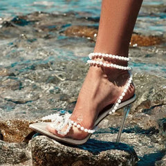 White String Bead Transparent Butterfly-Knot Pointed Toe High Heel