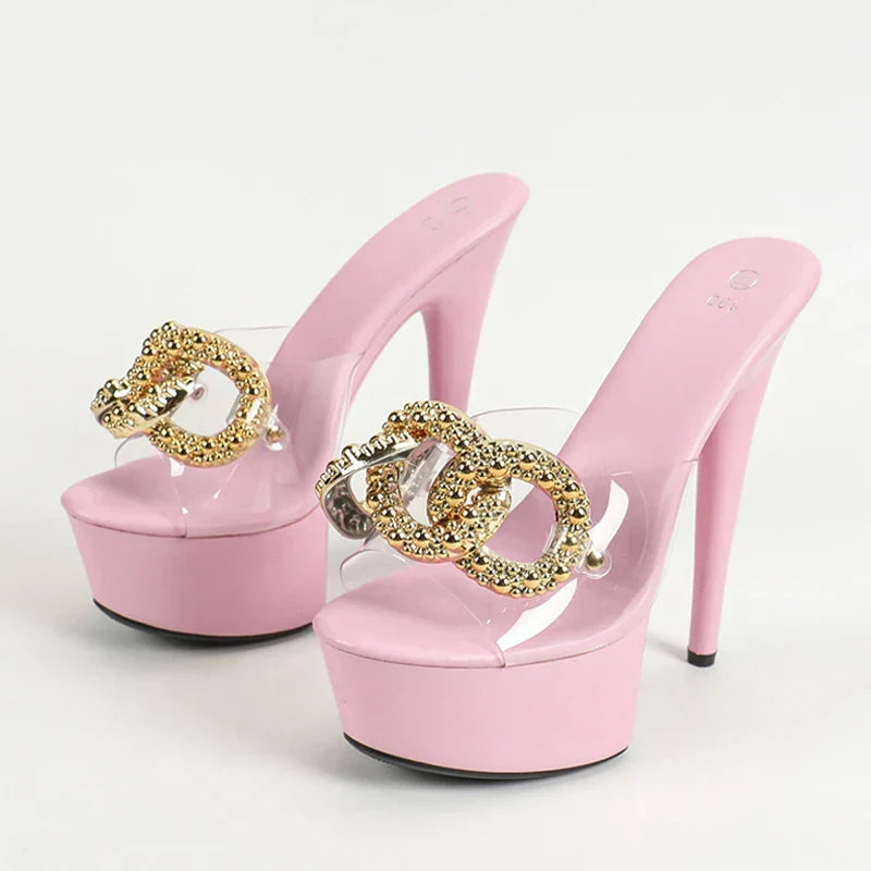 Size 34-43 Pink High Heel Big Metal Chain Transparent High Heel