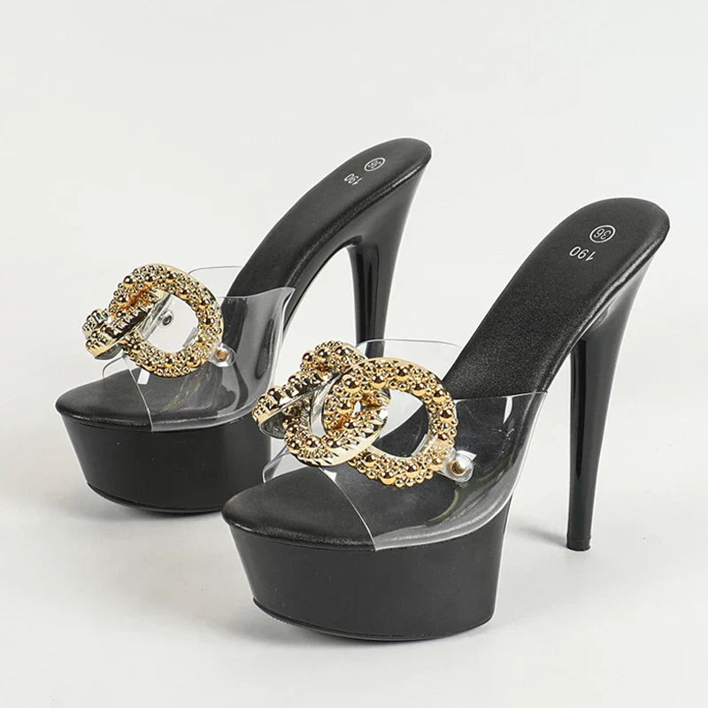 Size 34-43 Pink High Heel Big Metal Chain Transparent High Heel