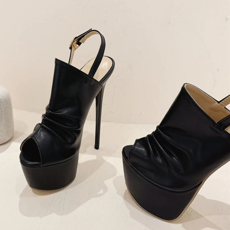 Cozy Pleated Leather Super High Heel Peep Toe High Heel