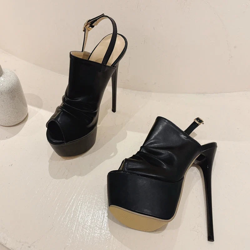 Cozy Pleated Leather Super High Heel Peep Toe High Heel