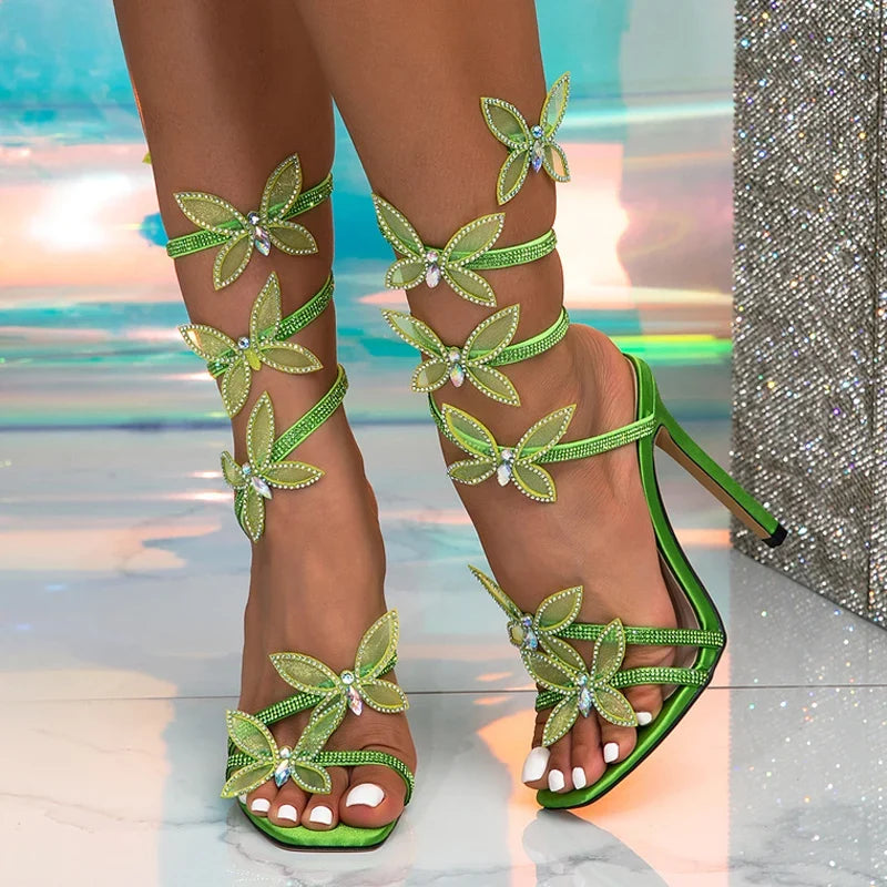 Crystal Butterfly Ankle Strap Square Toe High Heel