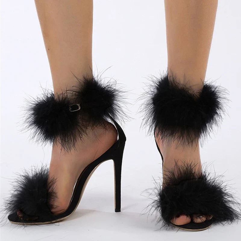 Cozy Faux Fur Ankle Strap Open Toe Feather High Heel