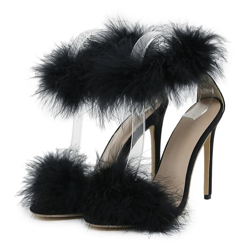 Cozy Faux Fur Ankle Strap Open Toe Feather High Heel