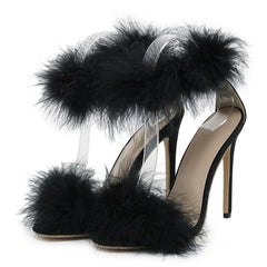 Cozy Faux Fur Ankle Strap Open Toe Feather High Heel