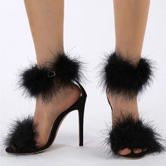 Cozy Faux Fur Ankle Strap Open Toe Feather High Heel