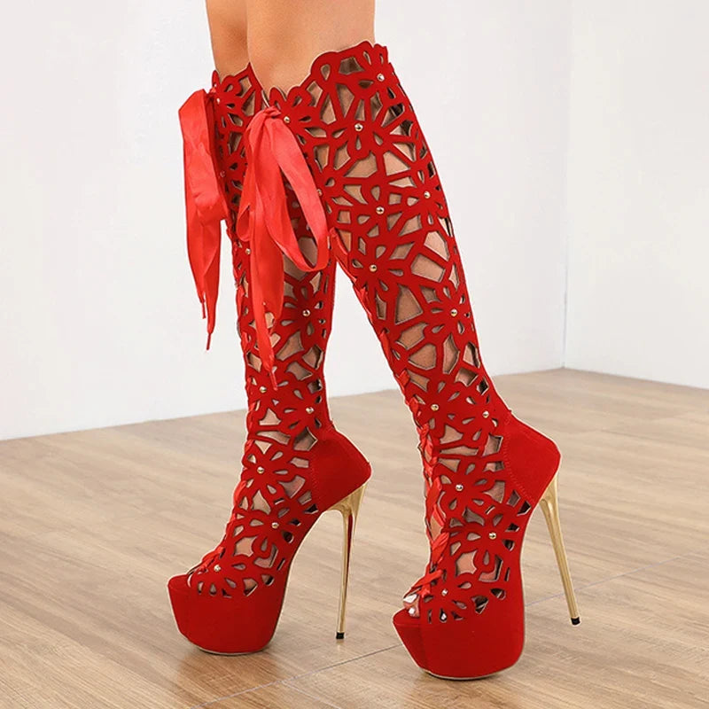 Roma Style Hollow Out Cross Lace-Up Super Thin Heels High Heel