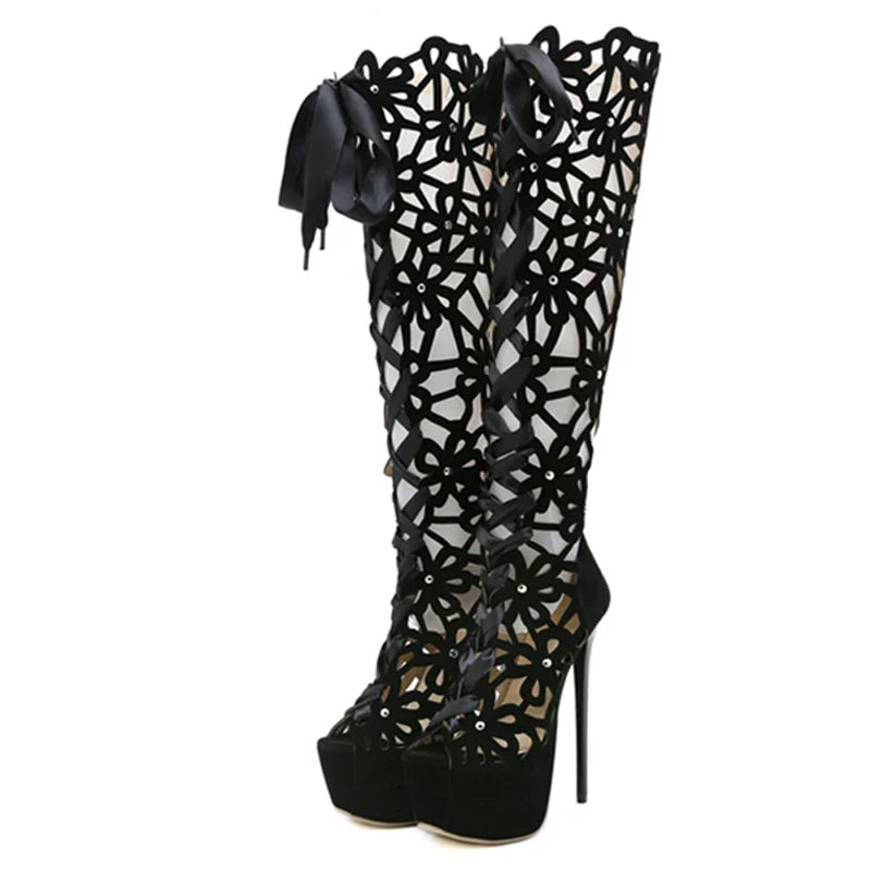 Roma Style Hollow Out Cross Lace-Up Super Thin Heels High Heel