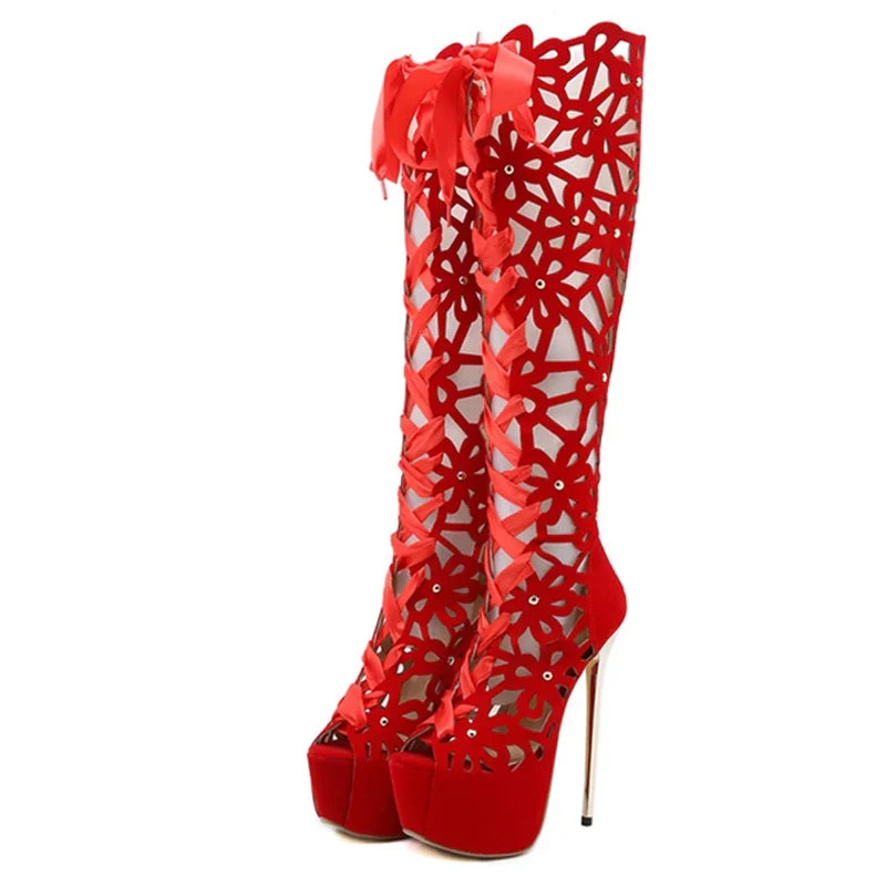 Roma Style Hollow Out Cross Lace-Up Super Thin Heels High Heel