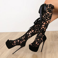 Roma Style Hollow Out Cross Lace-Up Super Thin Heels High Heel