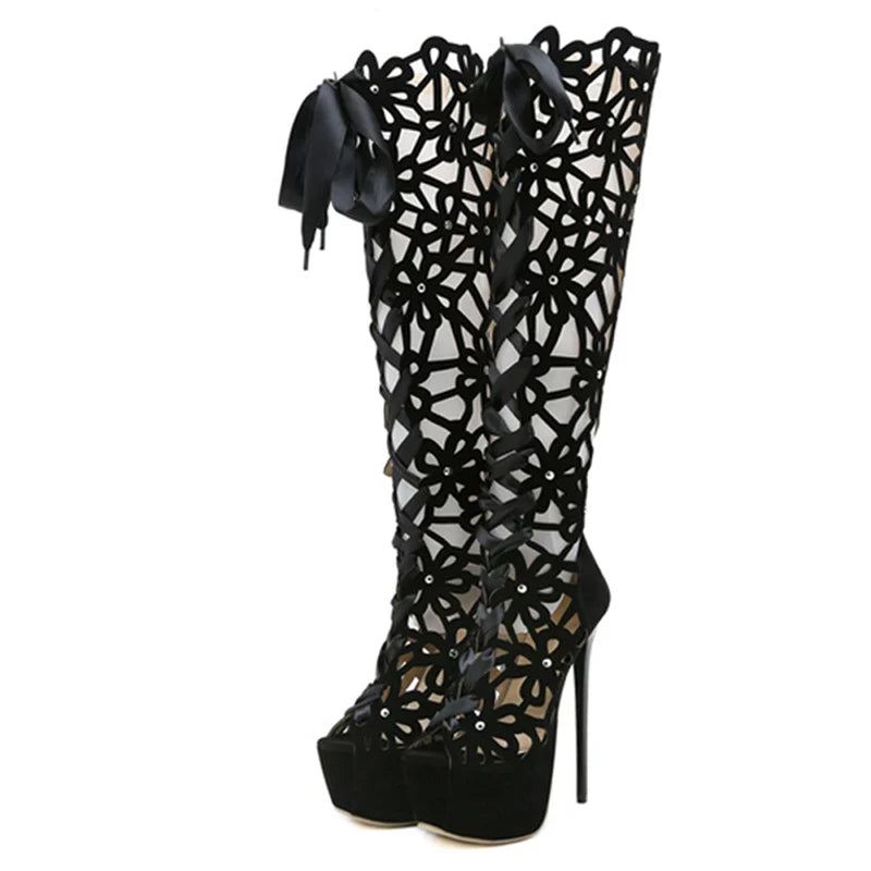 Roma Style Hollow Out Cross Lace-Up Super Thin Heels High Heel
