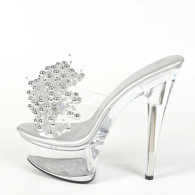 Stylish Transparent Silver Pearl Open Toe High Heel High Heel