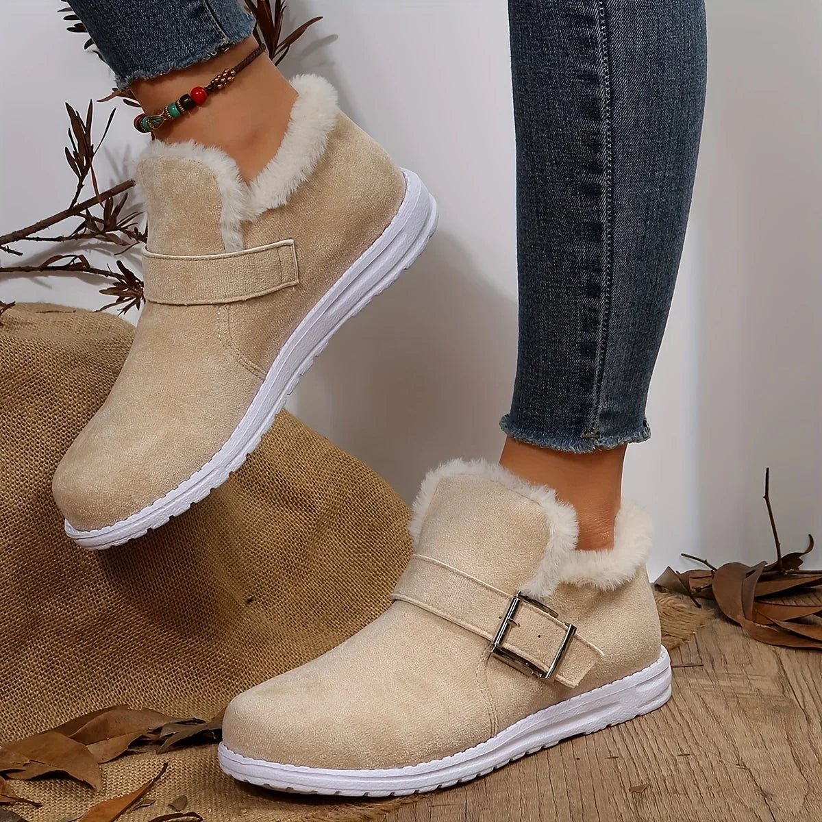 Plush Lined Flat Warm Buckle Strap Slip-on Snow Boot