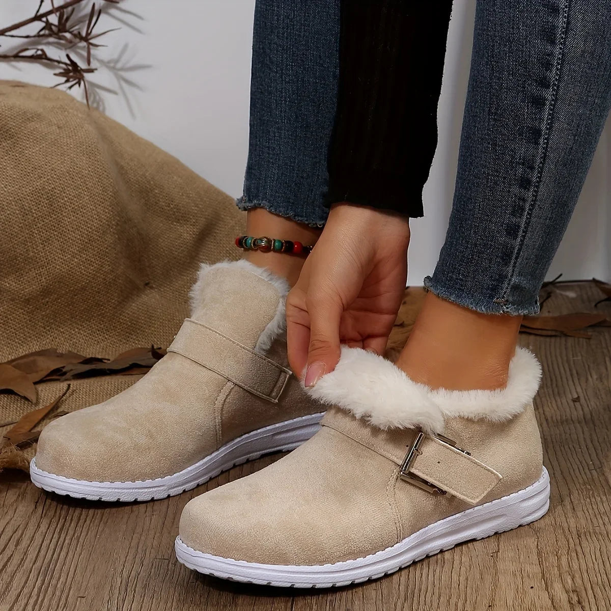 Plush Lined Flat Warm Buckle Strap Slip-on Snow Boot