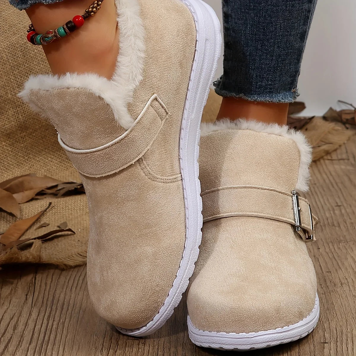 Plush Lined Flat Warm Buckle Strap Slip-on Snow Boot