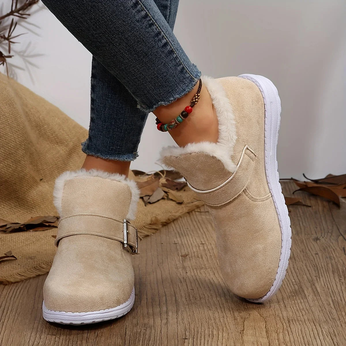 Plush Lined Flat Warm Buckle Strap Slip-on Snow Boot