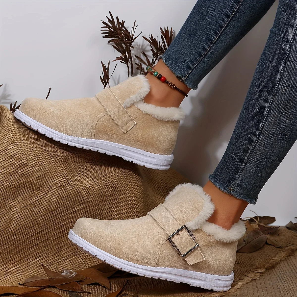 Plush Lined Flat Warm Buckle Strap Slip-on Snow Boot