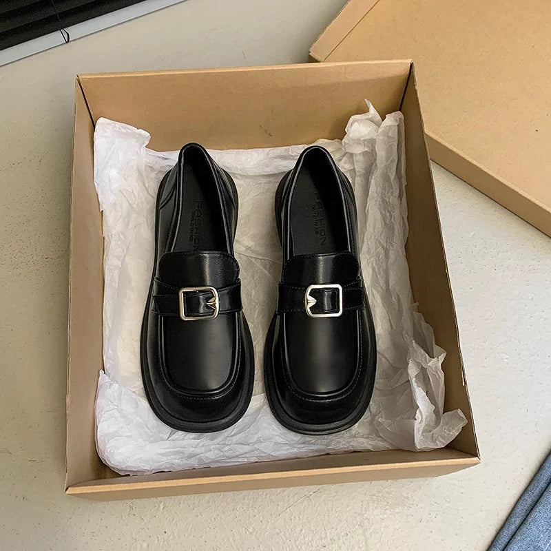 Square Heel Round Toe Solid Buckle Low Heel Spring Autumn Pumps Loafers